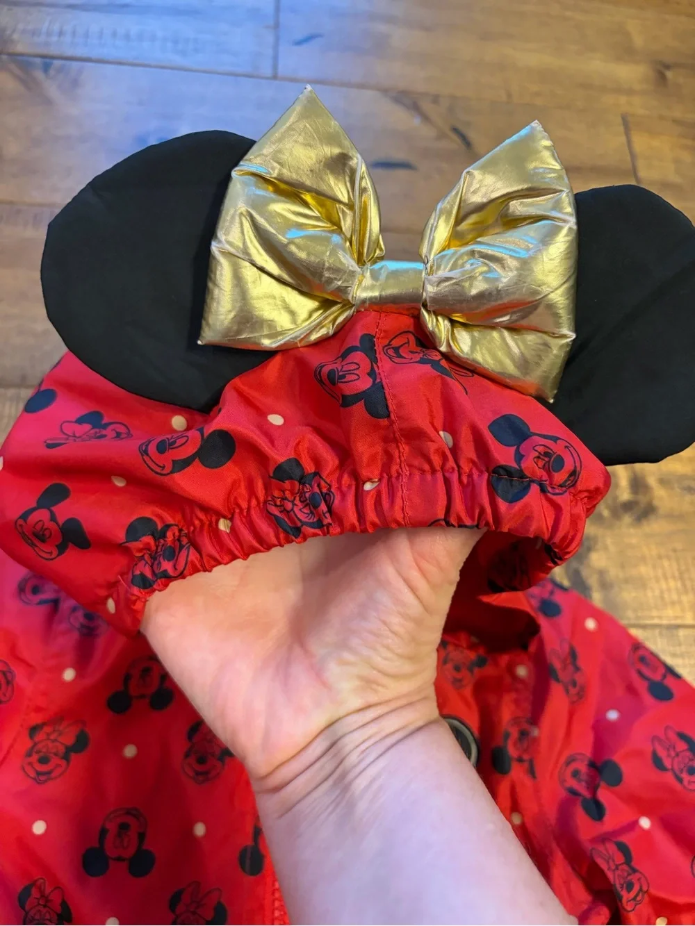 Disney Junior Minnie Mouse Rain Jacket Girls Sz 2T Red Hooded Zip Ears Gold Bow